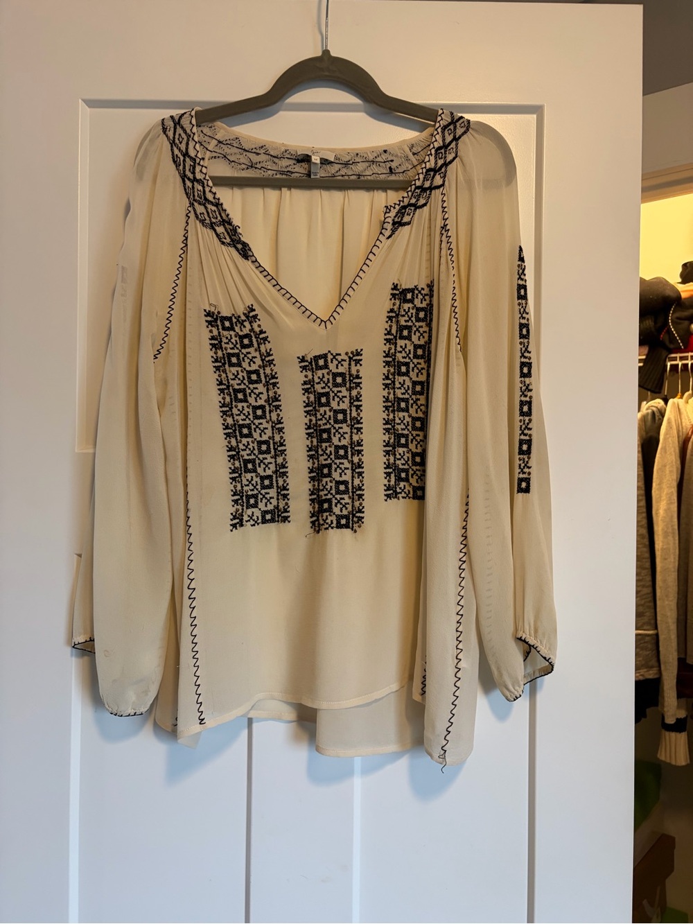 Joie Cream Peasant Blouse with Black Embroidery